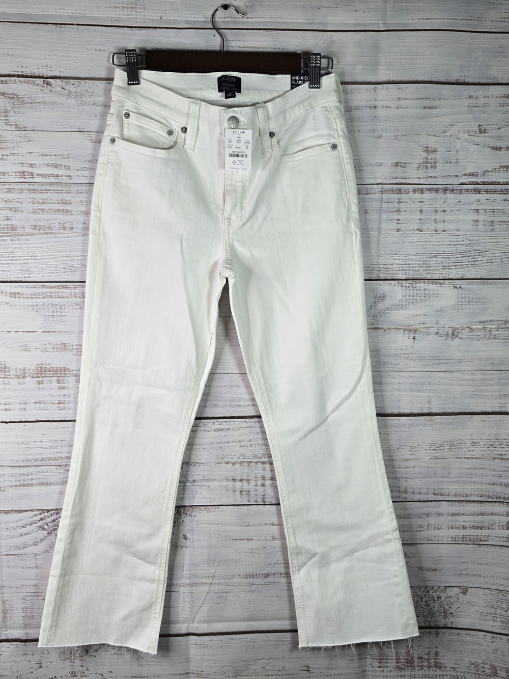 J.Crew Mid-Rise Flare Crop Jeans White Denim Raw Hem Size 26 NWT